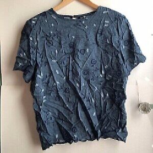 VINTAGE SAG HARBOR Blue Cream Floral 90s Rayon Short Sleeve Cutout Blouse Top M